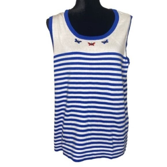 Cj Banks Womens Blue White Sleeveless Knit Tank Top Embroidered Butterfly 14W - Picture 1 of 7